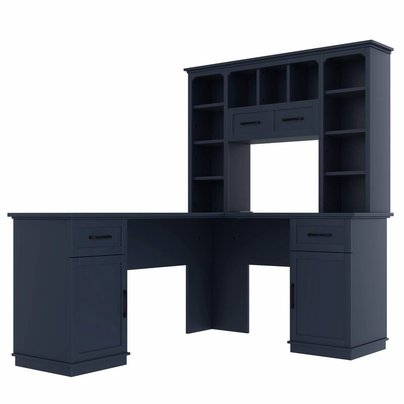 L-Shaped Computer Desk with 2 Cabinets, 2 Drawers, 11 Open Shelves and a Flip-Up Shelf with Storage on the Right Side