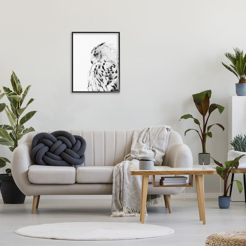 Stupell Snow Owl White Feathers Peering Blue Eyes Framed Giclee Texturized Art by Design Fabrikken