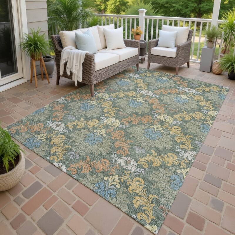 Machine Washable Indoor/ Outdoor Damask Patna Chantille Rug - Basil - 3' x 5'