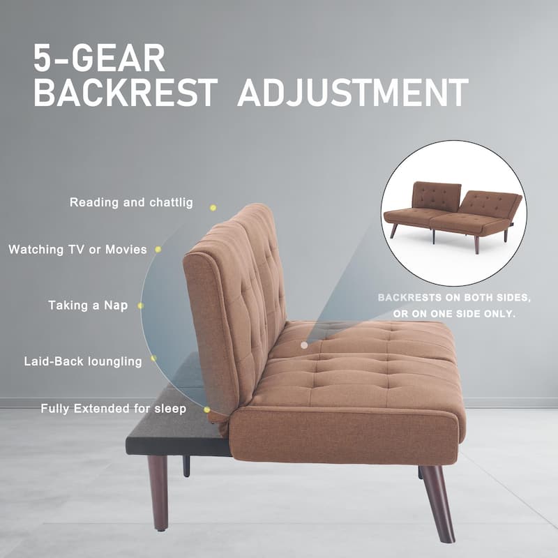 Convertible Futon Sofa Bed 63 Inch, Sleeper Couch with 5-Position Adjustable Backrest, Modern Loveseat for Small Spaces