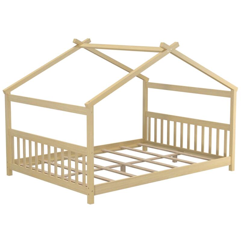 Costway Twin Size House Bed with Roof Wooden Low Floor Bed No Box - Natural - Natural-Full