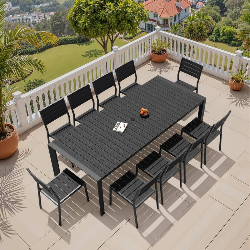 11-Piece Outdoor Patio Dining Set Wood Like Table Top Aluminum Rectangular Umbrella Hole Table with Stackable Chairs