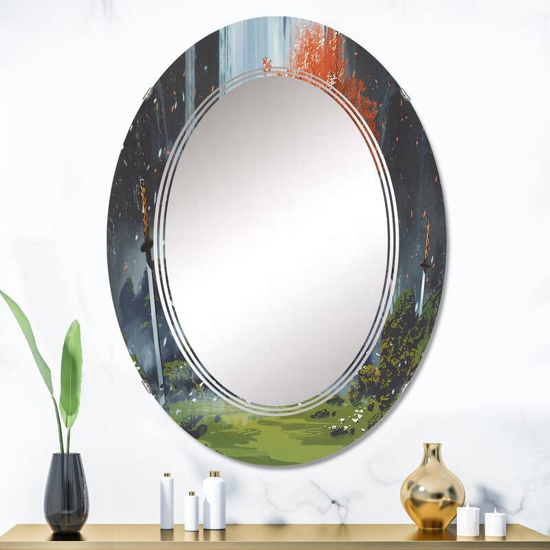Designart 'Samurai Standing In Waterfall Garden With Swords' Printed Traditional Wall Mirror - 24in.x36in.
