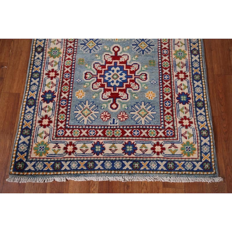 Light Blue Kazak Oriental Runner Rug Handmade Geometric Wool Carpet - 2'7" x 12'7"