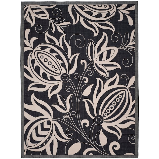 SAFAVIEH Courtyard Leatrice Indoor/ Outdoor Patio Backyard Rug - 8' x 11' - Black/Sand