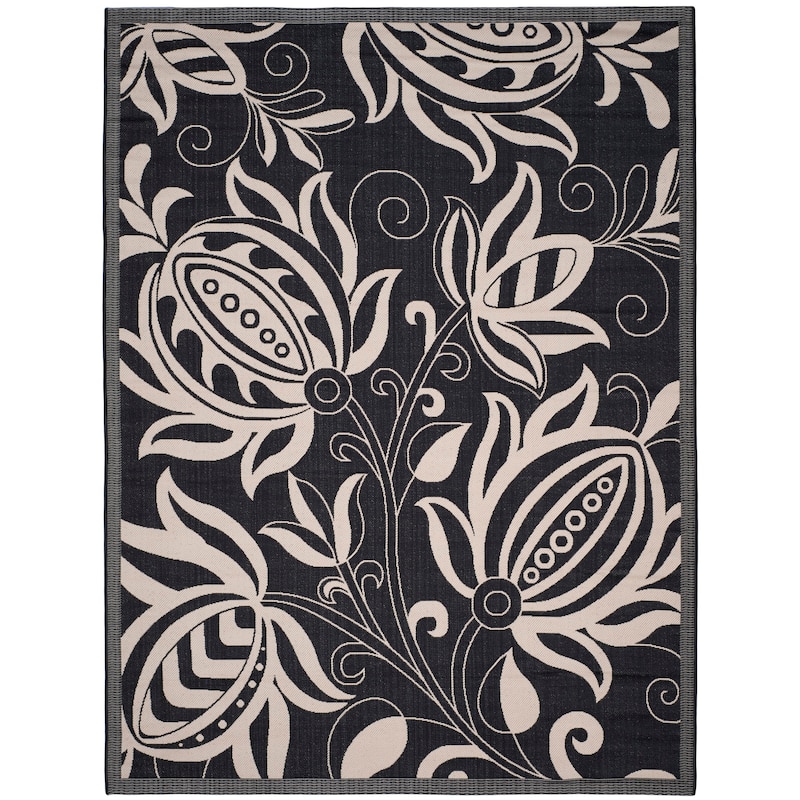 SAFAVIEH Courtyard Leatrice Indoor/ Outdoor Patio Backyard Rug - 8' x 11' - Black/Sand