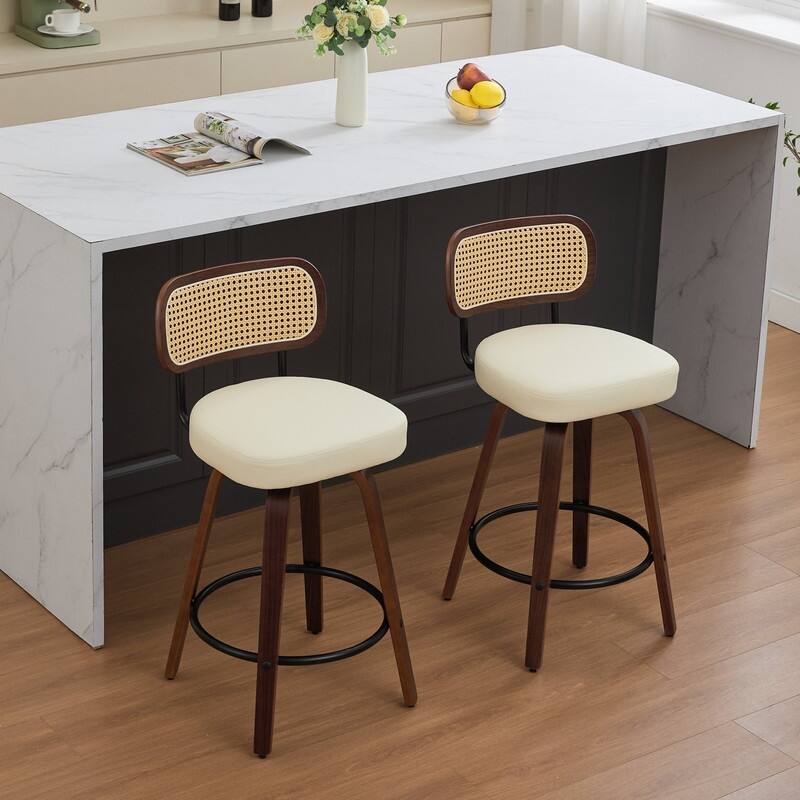 26" Swivel Rattan Bar Stools - Walnut Finish Counter Height Stools with Upholstered Seat