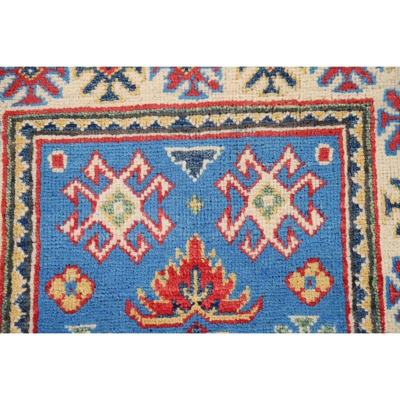 Blue Geometric Kazak Rug Hand-Knotted Oriental Wool Carpet - 2'0" x 2'11"