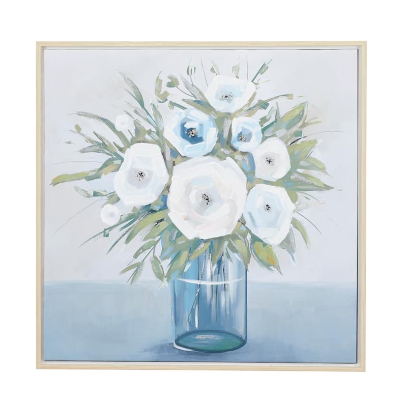 Multi Colored Canvas Bouquet Floral Framed Wall Art with Tan Frame