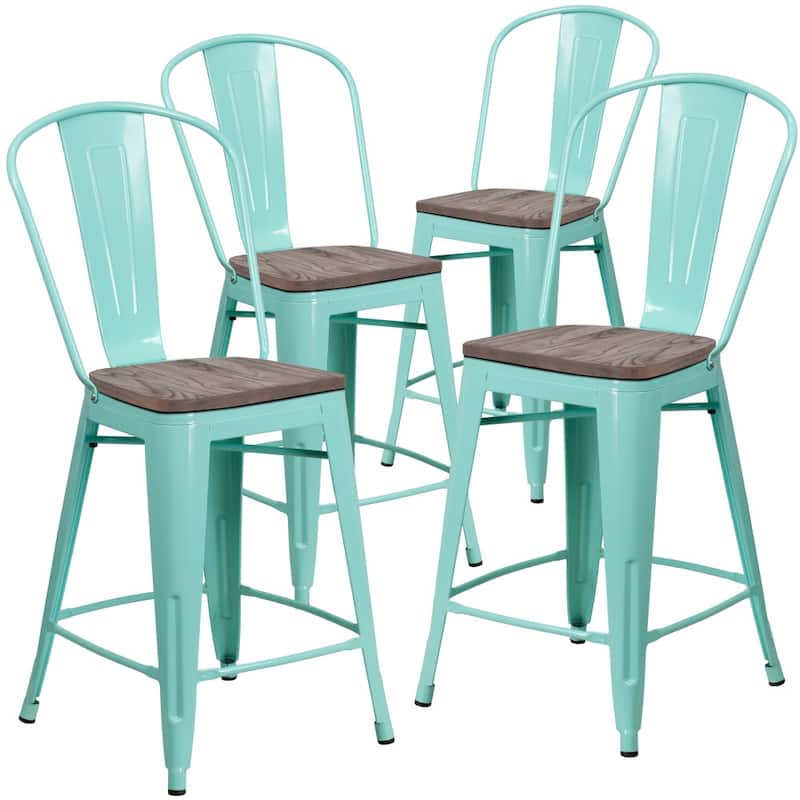 4 Pk. 24" High Metal Counter Height Stool with Back and Wood Seat - 17.75"W x 22"D x 40.25"H - 17.75"W x 22"D x 40.25"H