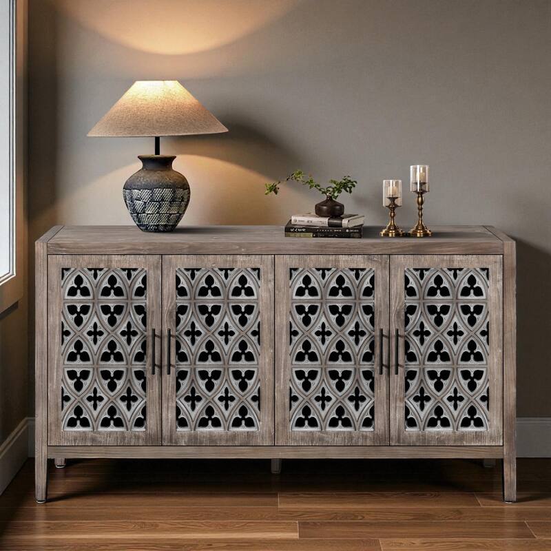 59.8" Hollow Carved 4-Door Antique Sideboard Buffet Cabinet, American Country Style Storage Console for Living Room - Antique Brown