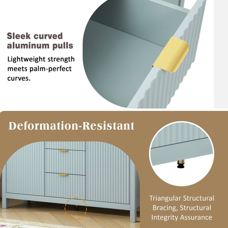 Roomfitters Sideboard Buffet Cabinet with 3 Drawers, Mid-century Modern Fluted Accent Storage for Kitchen & Dining, Cyan