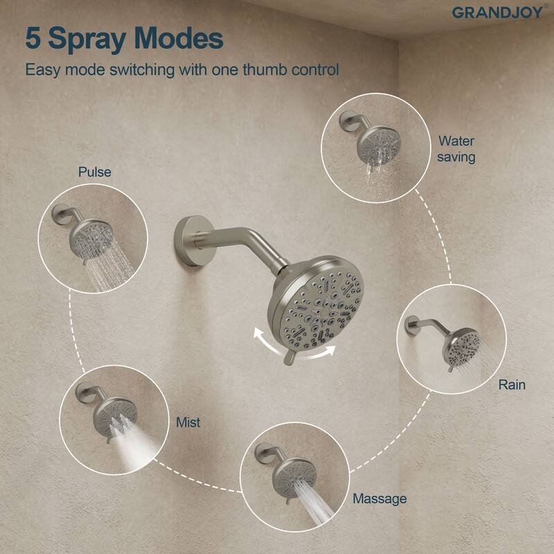 GRANDJOY 2-Function Shower System 5" High Pressure Shower Head and Tub Spout with Valve