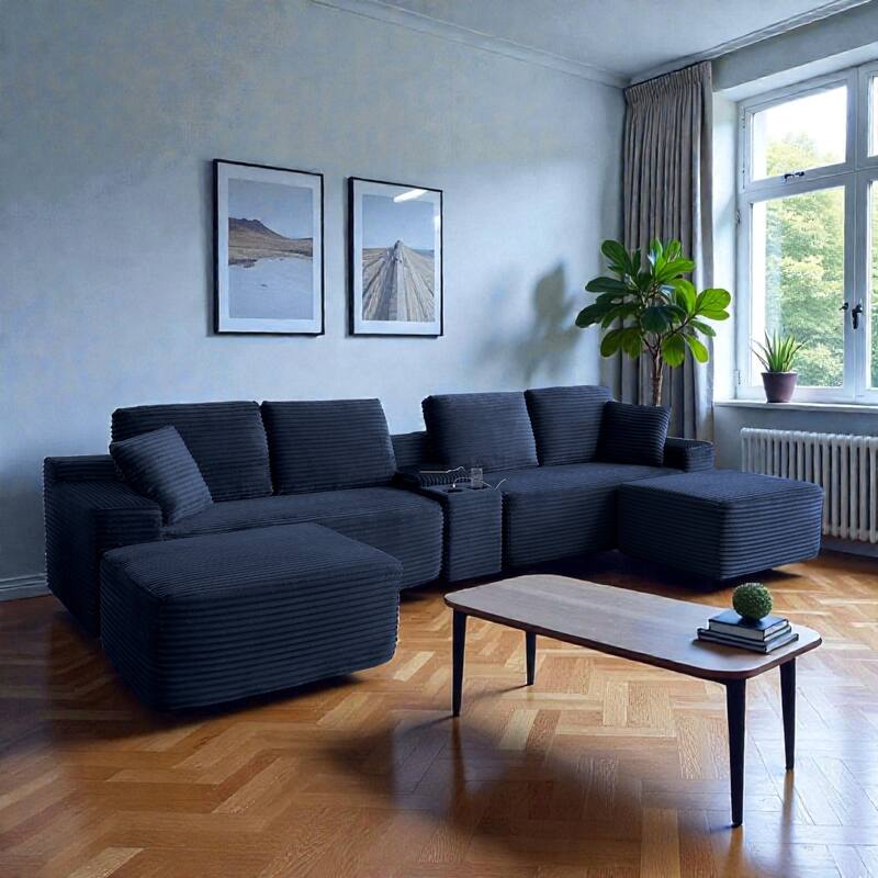 125" L Shaped Sectional Sofa with 2 Ottomans, Cloud Corduroy Couch with Deep Seat, Cup Holders and USB Ports