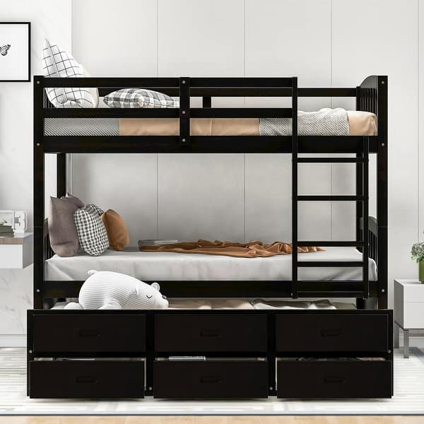 slide 2 of 16, Minimalist Twin over Twin environmentally friendly solid Wood Bunk Bed with Trundle and Drawers,Black, full length guardrails