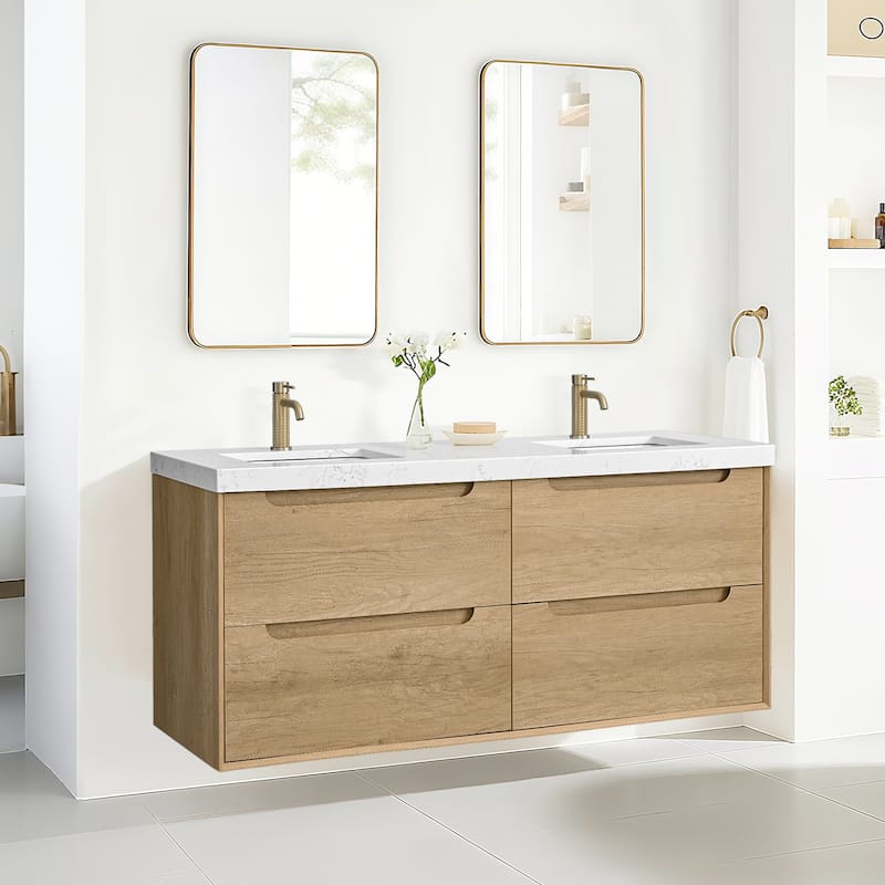 24"36"48"60"72"84" Floating Bathroom Vanity with Engineered Top Rectangulare Sink Solid Wood