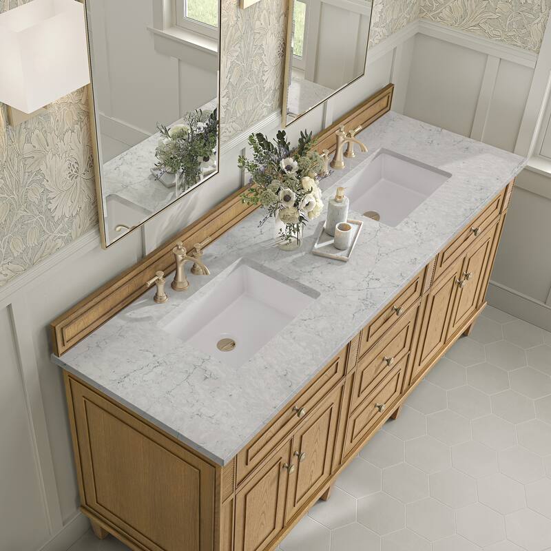 James Martin Vanities Lorelai 72" Double Vanity, Light Natural Oak - Eternal Jasmine Pearl.