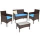 preview thumbnail 1 of 14, Sunnydaze Dunmore 4-Piece Patio Set with Cushions Brown Rattan and Blue Cushions