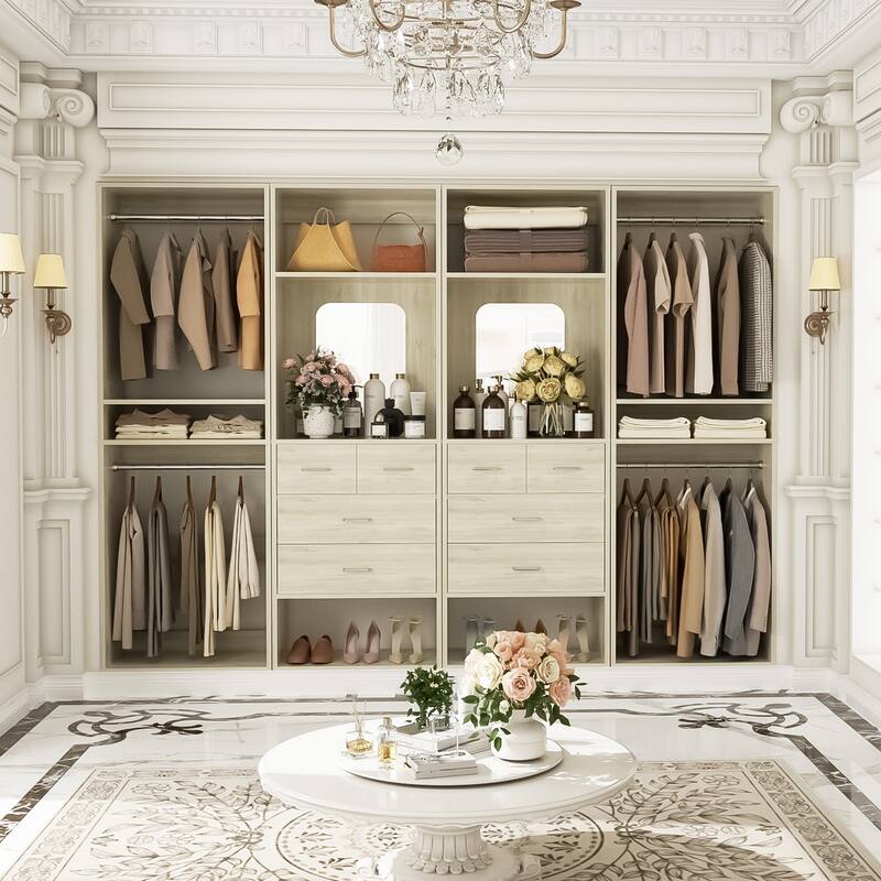 Set of 4 Closet System with 4 Drawer and Hanging Rods, Freestanding Closet Organizer with Storage Shelves - Washed Oak