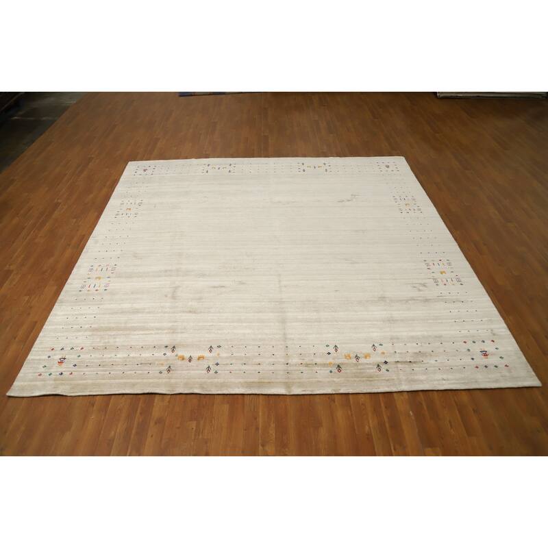 Hand Knotted Oriental Viscose Silk Carpet Tribal Animal Pictorial Beige & Ivories Gabbeh Area Rug - 9' 9'' X 10' 0''