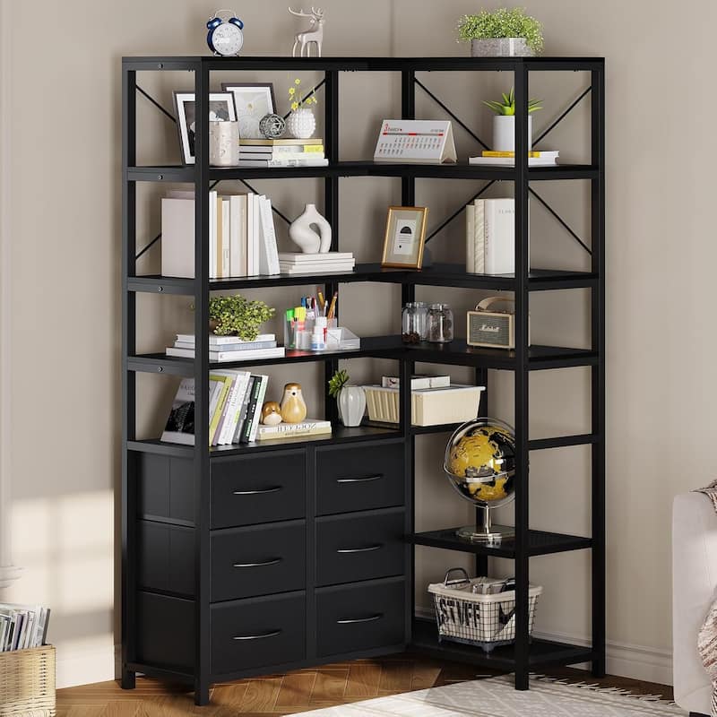 Corner Bookshelf 6 Fabric Drawers Bookcase Display Shelf - Black - 7-Tier
