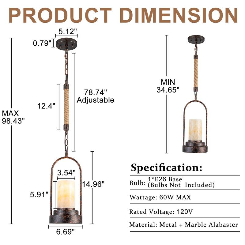 Retro Industrial Iron Pendant with Alabaster Candle Shade
