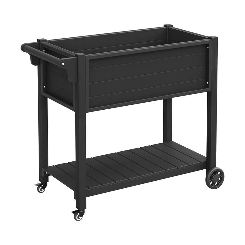 Outdoor Garden Bed Patio Plastic Raised Planter Box with Universal Wheels and Storage Shelf
