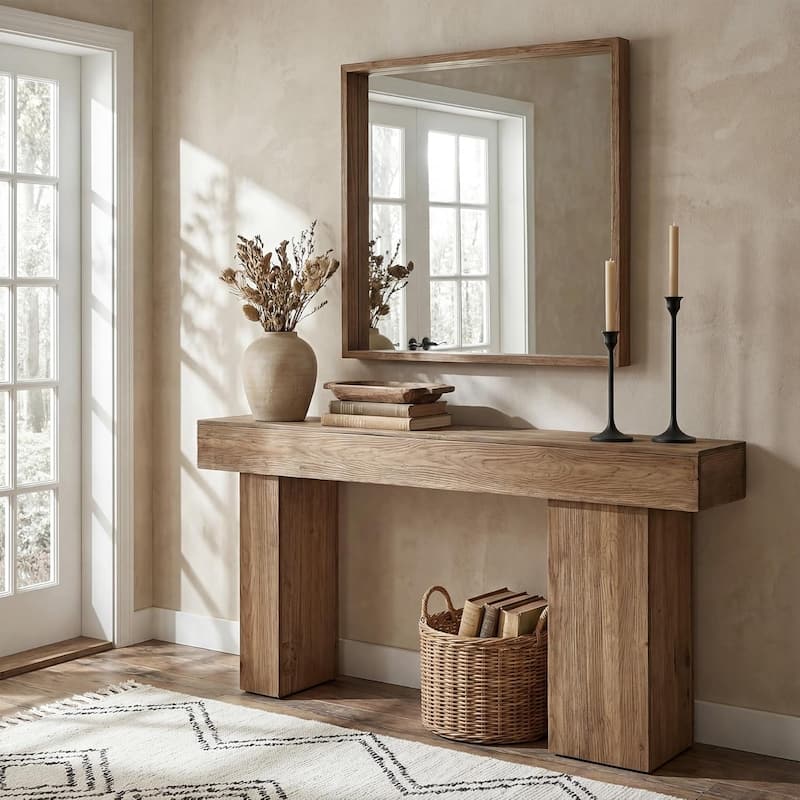 63-Inch Solid Wood Console Table, Sofa Table Behind Couch with Artistic Legs for Entryway, Rustic Brown - Brown