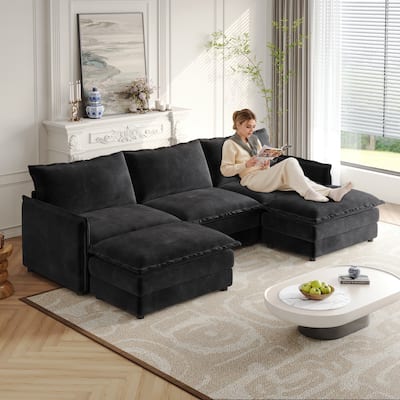 109" Corduroy 3-Seater Cloud Sectional Sofa with 2 Ottomans