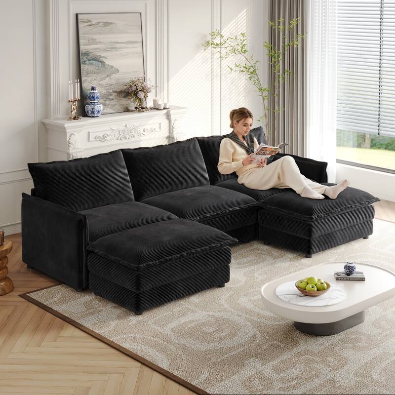 3-seater Cloud Sofa Corduroy Upholstered Sectional Couch with Ottoman - Black with 2 Otto