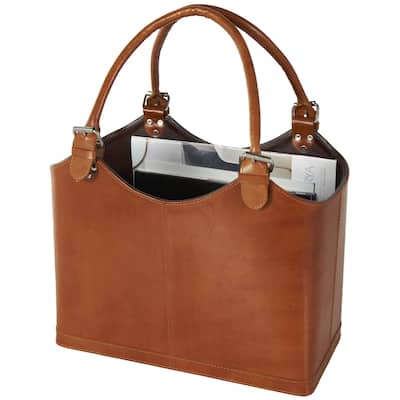 Leather Handmade Box Style Single Slot Magazine Holder with Detail Stitching and Handles - Brown or Black - Roche River Decor