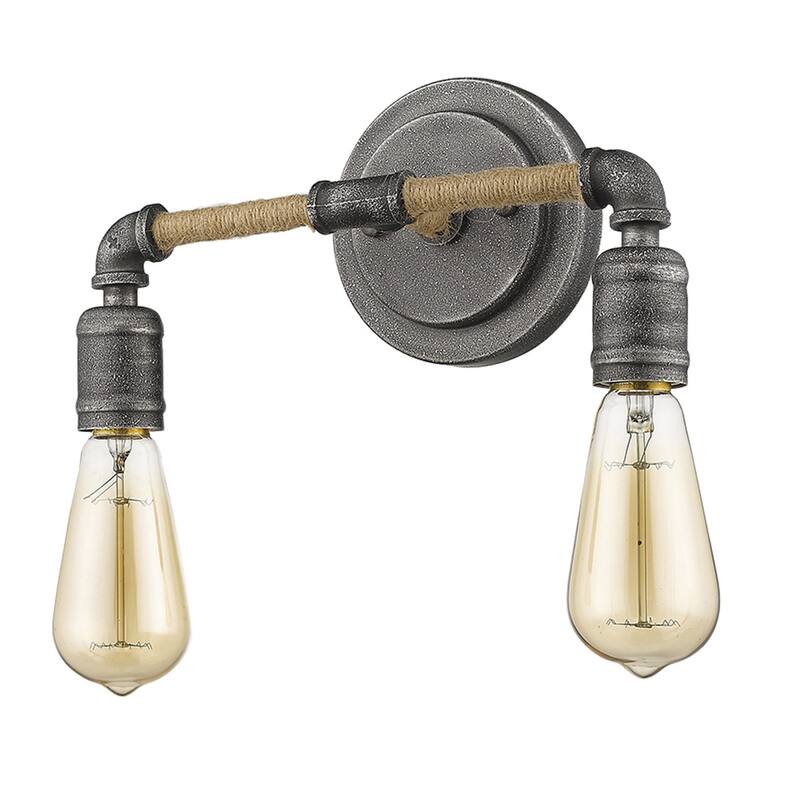 Modern Hardwired Wall Light with Rope and Pipe Accents 2-Light Grey Steel Fixture for Bathroom - 6.25" H x 12.25" W x 5" D
