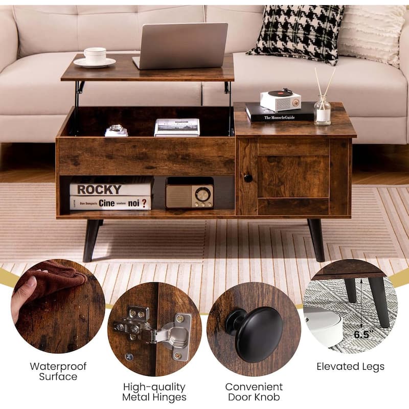 Lift Top Coffee Table Storage w/ Hidden Compartment Cabinet Open Shelf