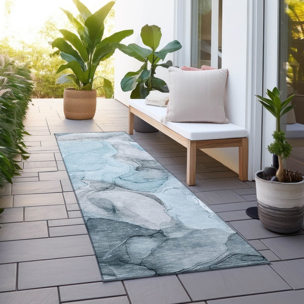 Machine Washable Indoor/ Outdoor Chantille Watercolor Teal Rug
