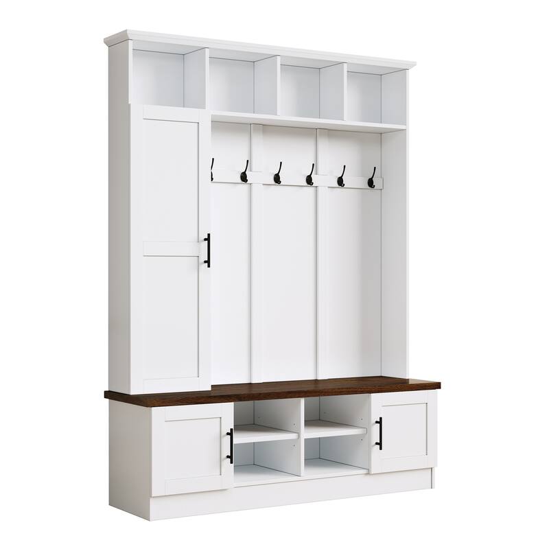 Versatile 3-in-1 Farmhouse Hall Tree with with 6 Hooks & Adjustable Shelves - Walnut Storage Benchr