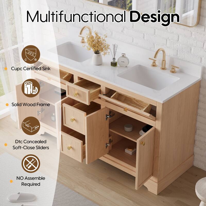 35''H Bath Solid Wood Vanity with Stain-resistant Carrera White Quartz Top And Single Sink