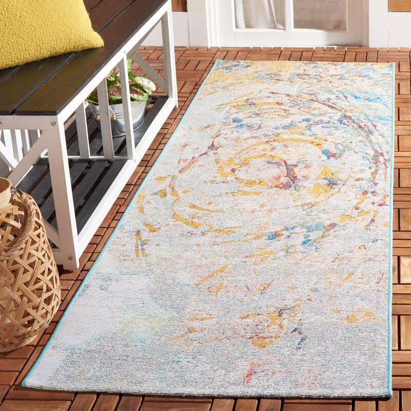 SAFAVIEH Barbados Ninel Modern Abstract Waterproof Patio Backyard Rug - 2'8" x 8' Runner - Light Blue/Yellow Rust