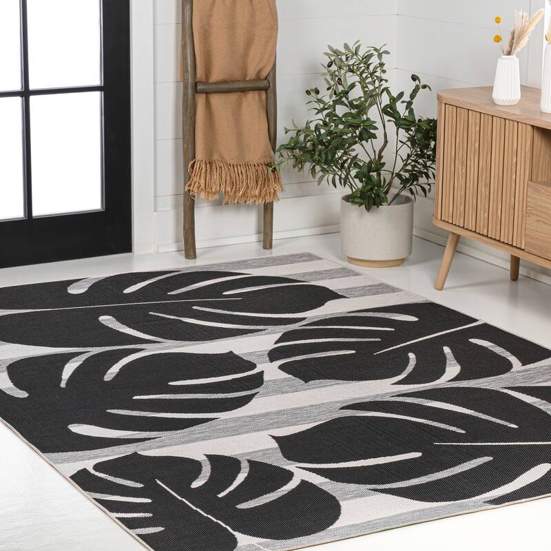 JONATHAN Y Allison Classic Beach Stripe and Monstera Leaf Indoor/Outdoor Area Rug