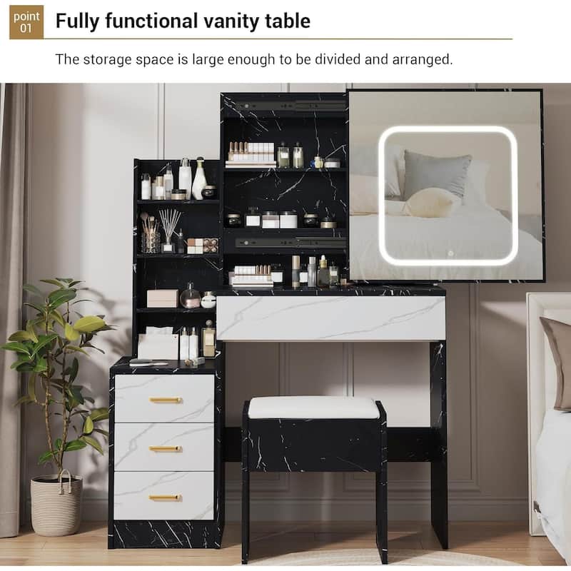 4 Drawers Dressing Table, Makeup Vanity Desk with 3 Color Adjustable Lights Mirror for Bedroom