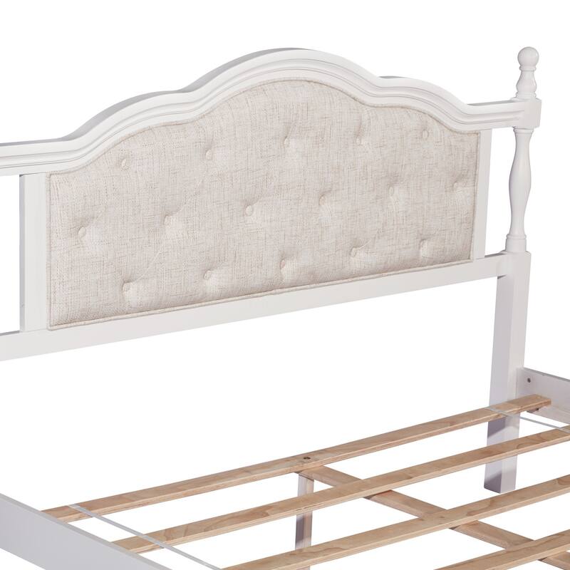 Solid Wood Queen Size Platform Bed Frame with Upholstered Headboard
