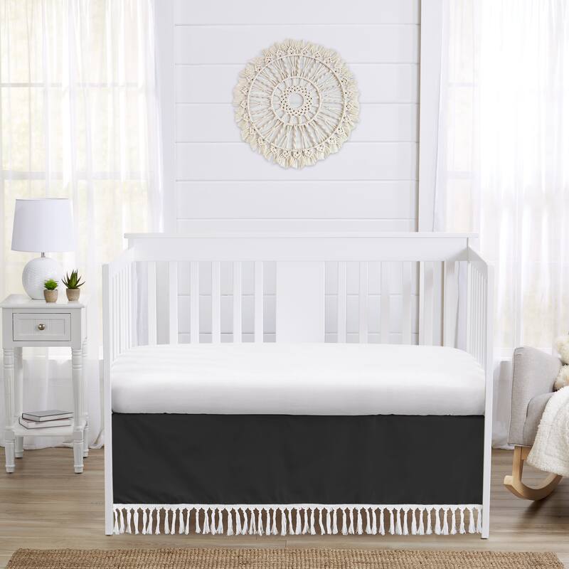 Black Boho Bohemian Boy Girl Crib Bed Skirt - Solid White Farmhouse Chic Unisex Minimalist Tassel Fringe Macrame Gender Neutral