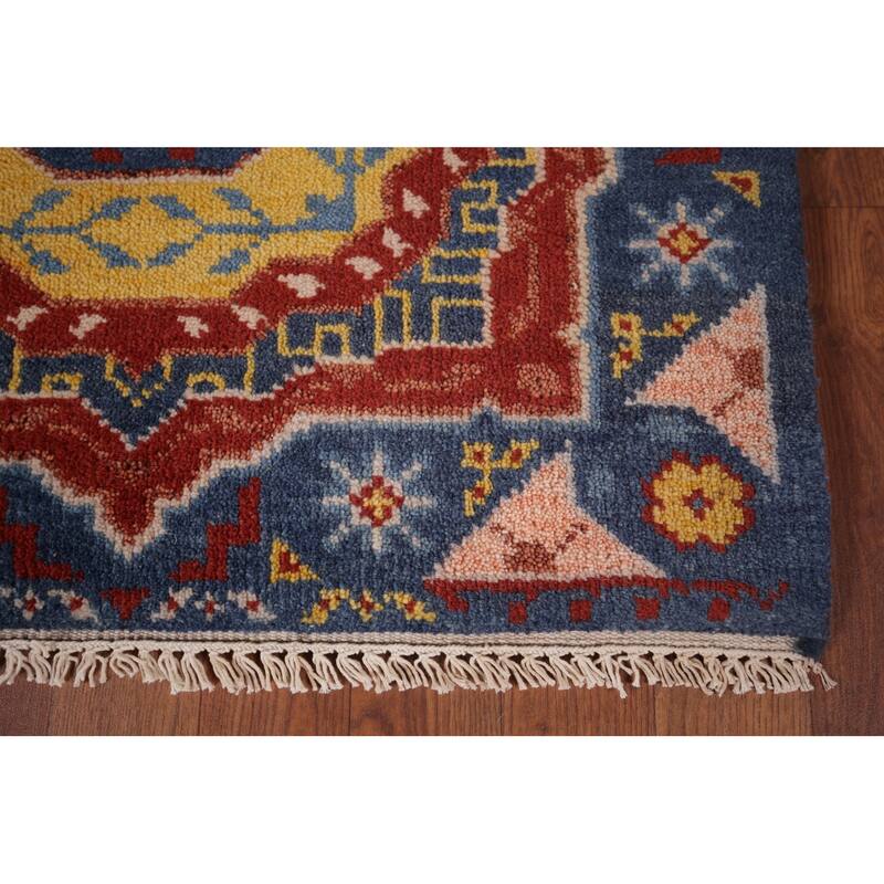 Blue Geometric Kazak Oriental Runner Rug Hand-Knotted Wool Carpet - 2'7"x 8'0"