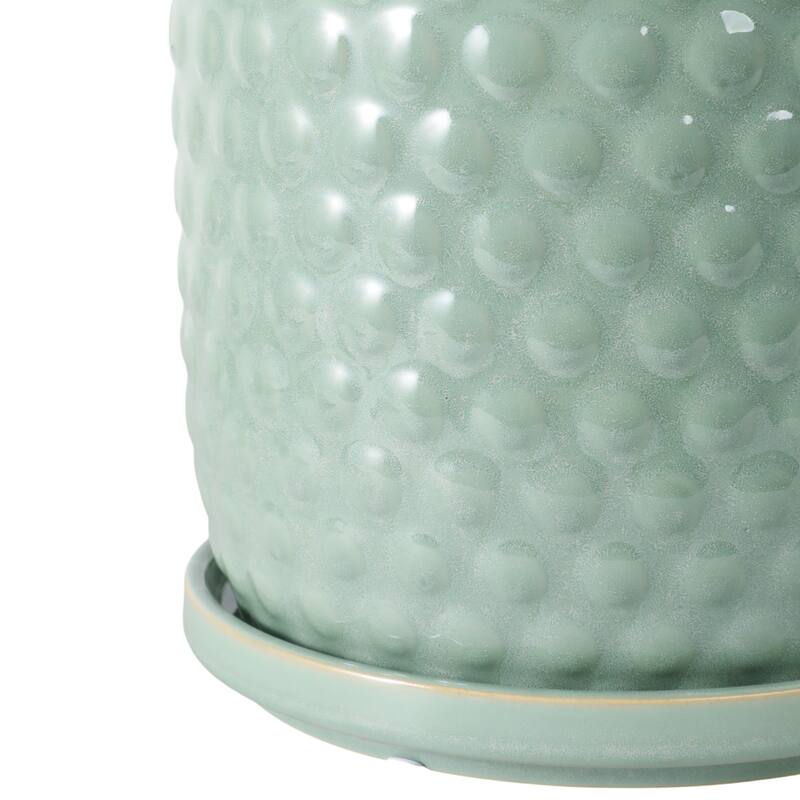 Ceramic Planters with Textured Bubble Surface and Saucers (Set of 2) - 8" x 8" x 7"