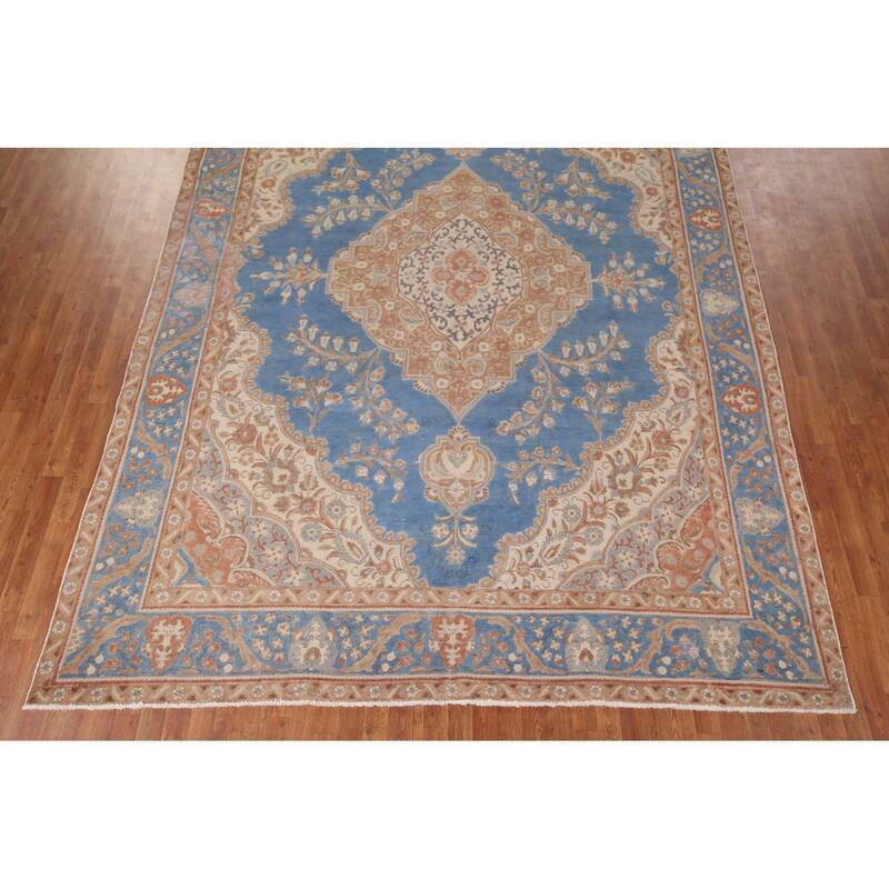 Blue Tabriz Persian Vintage Rug Hand-Knotted Wool Carpet - 9'3" x 12'11"
