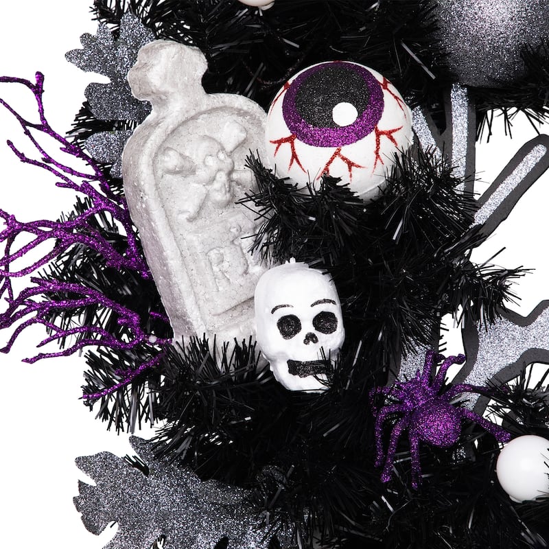 Purple and Black Spooky Skeleton Pine Halloween Wreath, 24-Inch, Unlit