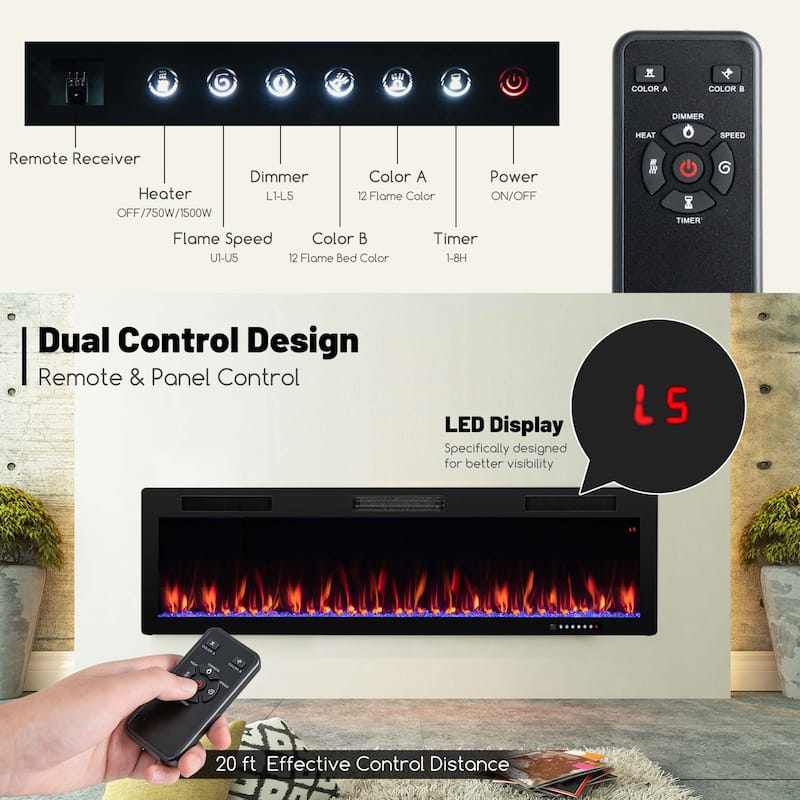 Costway 40"/50"/60" Linear Electric Fireplace 1500W Recessed
