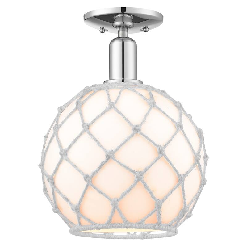 Innovations Lighting 716-1C-14-10 Farmhouse Rope Semi-Flush Farmhouse - Polished Chrome / White Glass with White Rope