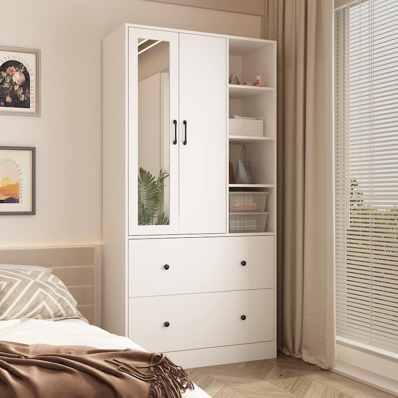 Wardrobe Closet Armoire wi/Mirror & Scalable Hanging Rod Space Saving - White