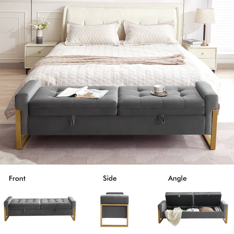 66" Storage Bench King Size End of Bed with Double Lids and Gold Legs