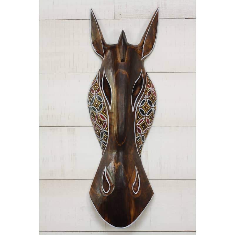 Safari Giraffe Wall Art Hand Carved Wooden Mask with Tribal Dot Motif, Rustic Boho Decor - 12" Tall x 4.5" Wide x 2" Deep